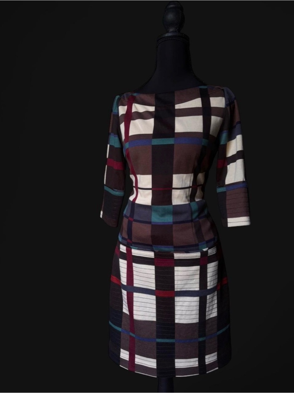 Jessica Simpson Multi-Color Plaid Sheath Dress with Three-Quarter Sleeves